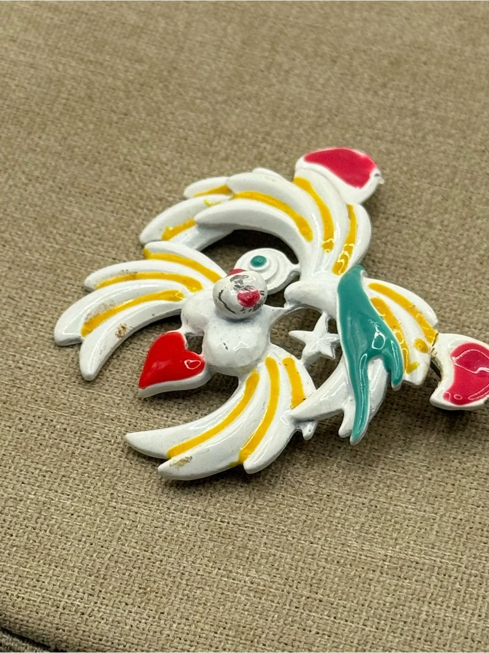 vintage White Enamel Heart Accent dog Brooch with Yellow and Red Details